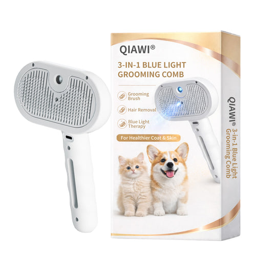 🐕QIAWI  3-in-1 Blue Light Pet Grooming Comb – 🪒 Removes Hair & Odors, Quiet & Cordless, Promotes Skin Health💙