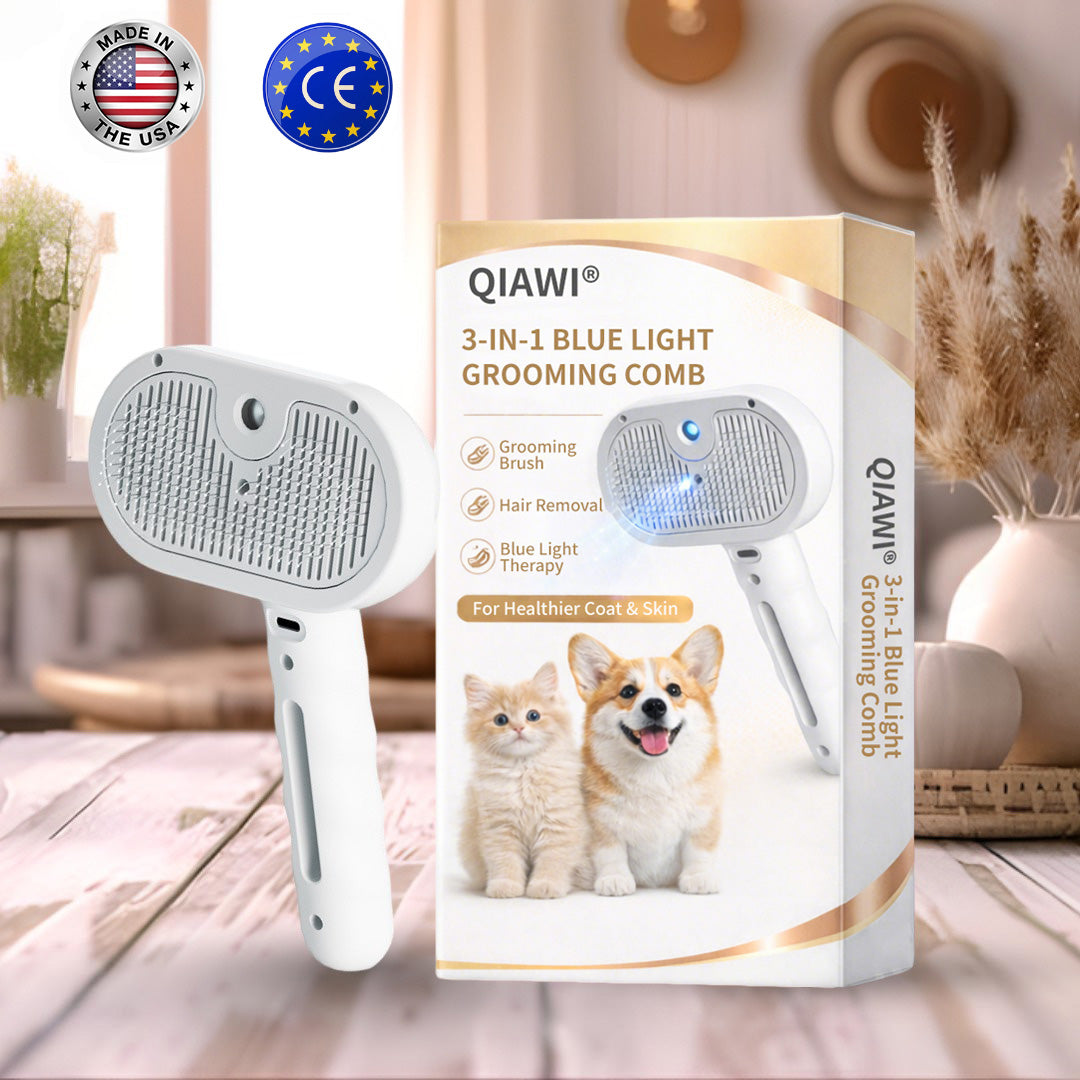 🐕QIAWI  3-in-1 Blue Light Pet Grooming Comb – 🪒 Removes Hair & Odors, Quiet & Cordless, Promotes Skin Health💙