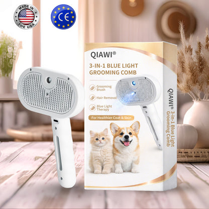 🐕QIAWI  3-in-1 Blue Light Pet Grooming Comb – 🪒 Removes Hair & Odors, Quiet & Cordless, Promotes Skin Health💙