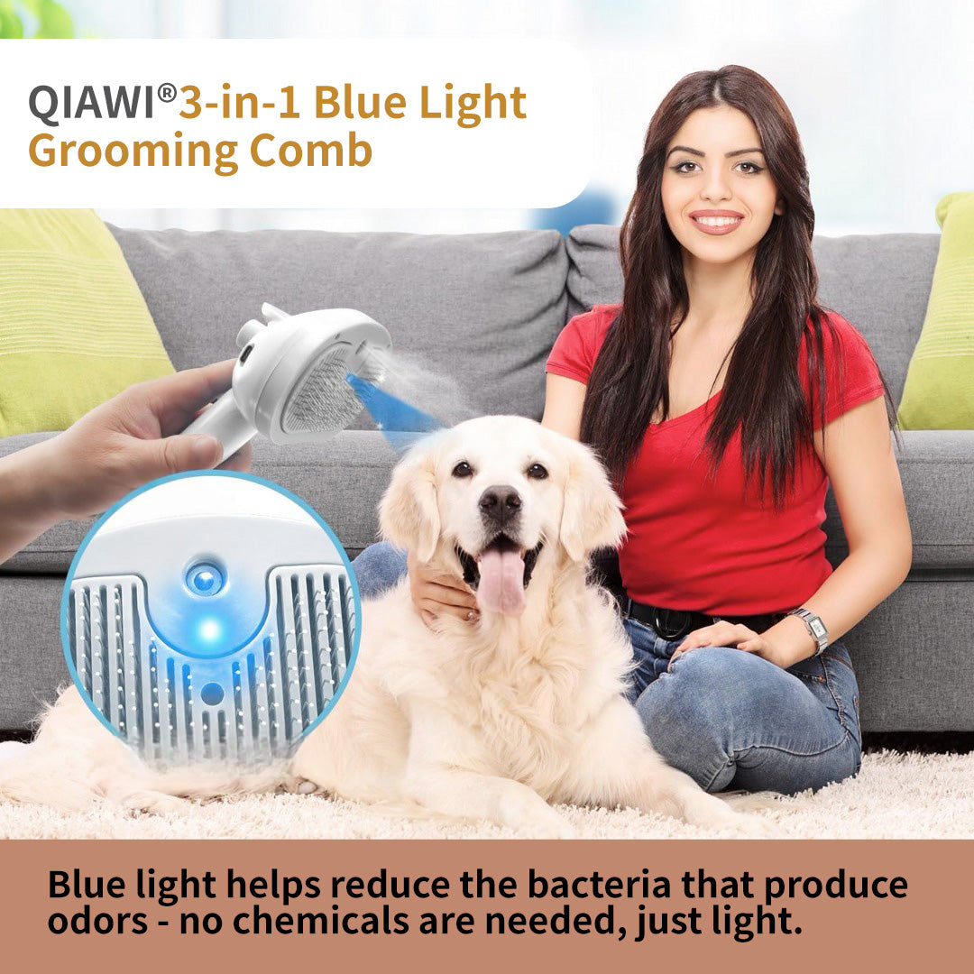 🐕QIAWI  3-in-1 Blue Light Pet Grooming Comb – 🪒 Removes Hair & Odors, Quiet & Cordless, Promotes Skin Health💙