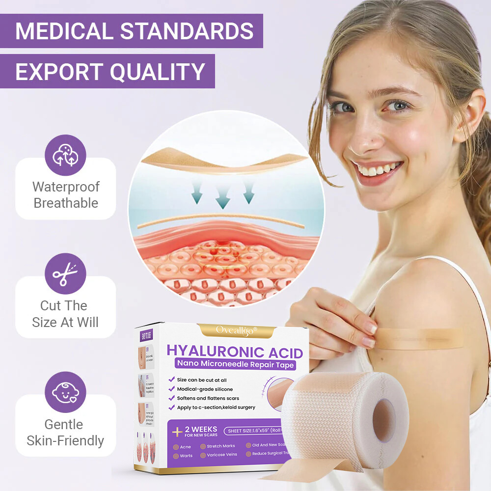✅Official Store | Oveallgo® Hyaluronic Acid Nano Microneedle Repair Tape🏥(Treatment of old and new scars, reduction of surgical scars, stretch marks, keloids, acne, burns, warts, dermatomes and varicose veins)